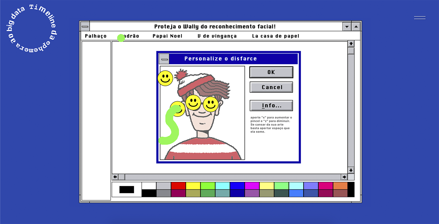 layout of an desktop paint interface with the character wally in the center with some drawn smiles on his face