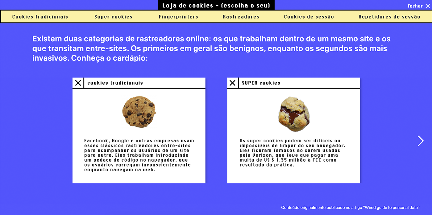 desktop interface retro design showing cards with different kinds of cookies as if it was an e-commerce