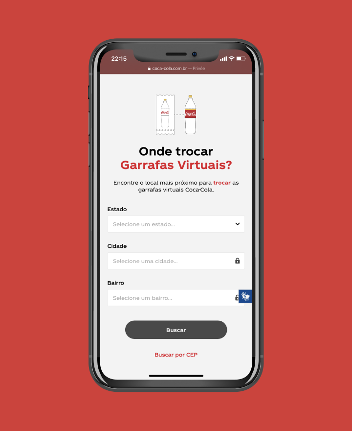 mobile design interface of coca-cola's website saying "where to change your virtual bottles" 