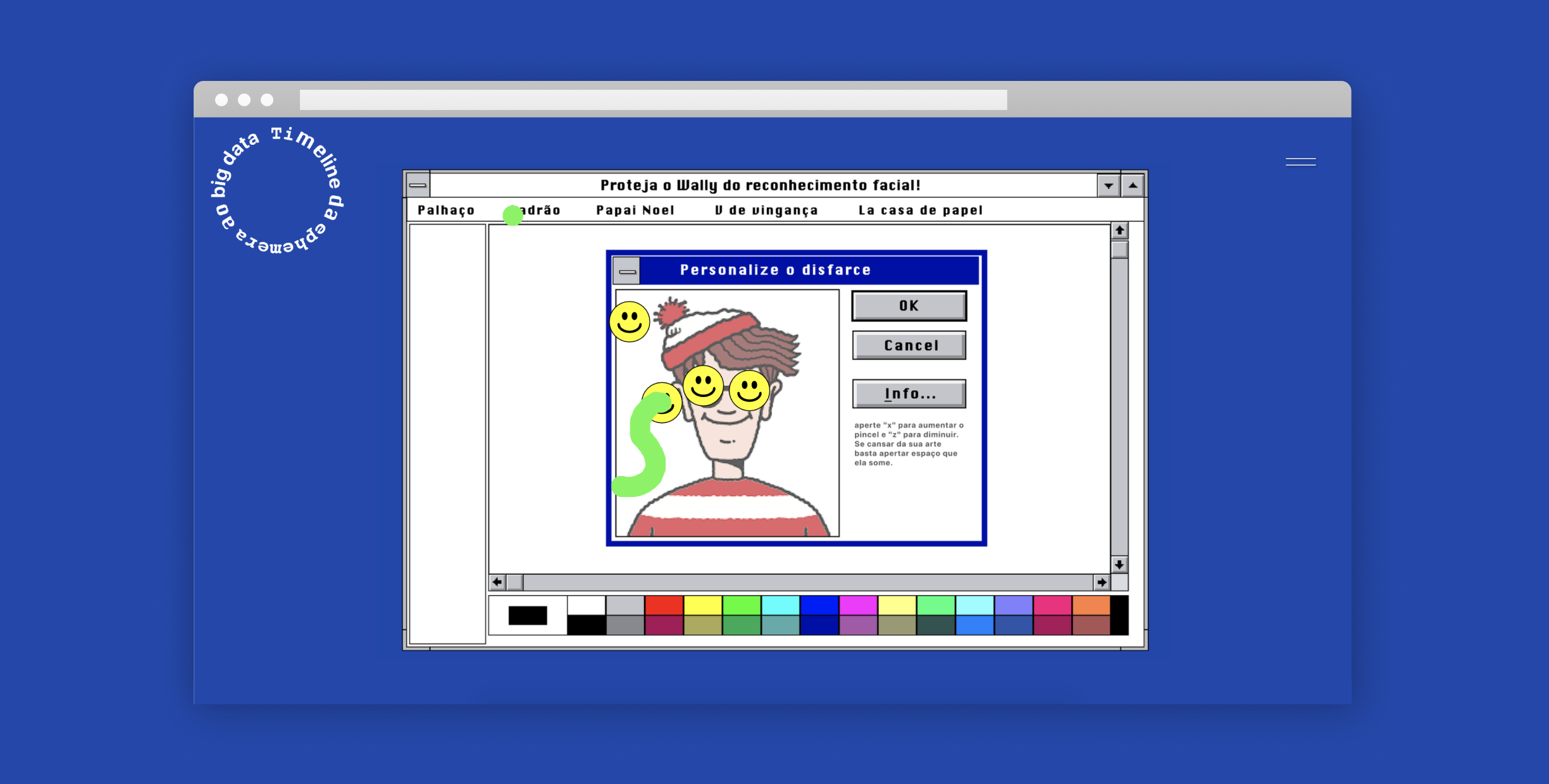 layout of an desktop paint interface with the character wally in the center with some drawn smiles on his face